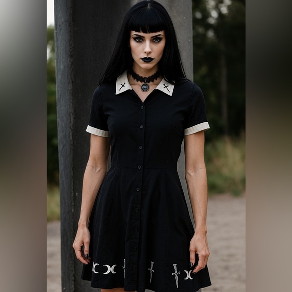 The Craft Movie Costume Women 2 / 18 Official Dagger Collar Button Front Dress - Picture 1 of 7